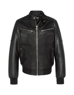 Blouson motard noir multipoches, cuir d'agneau - NOIR