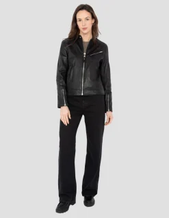 Blouson motard souple noir, cuir d'agneau lavé - NOIR