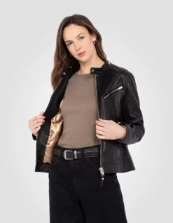 Blouson motard souple noir, cuir d'agneau lavé - NOIR