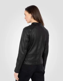 Blouson motard souple noir, cuir d'agneau lavé - NOIR