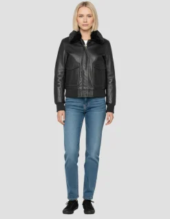 Blouson noir avec col en fausse fourrure amovible - NOIR