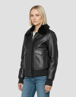 Blouson noir avec col en fausse fourrure amovible - NOIR
