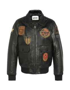 Blouson noir aviateur vintage badgé, cuir de chèvre - NOIR