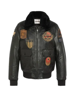 Blouson noir aviateur vintage badgé, cuir de chèvre - NOIR