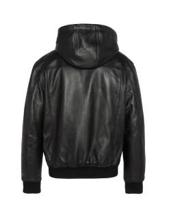 Blouson noir à capuche, cuir d'agneau - NOIR