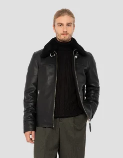 Blouson noir casual, cuir de vachette - NOIR