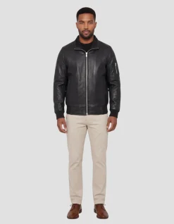 Blouson noir col montant, cuir d'agneau - NOIR