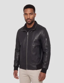 Blouson noir col montant, cuir d'agneau - NOIR