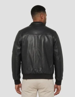 Blouson noir col montant, cuir d'agneau - NOIR