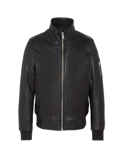 Blouson noir col montant, cuir d'agneau - NOIR