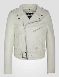Blouson Perfecto® blanc avec ceinture, cuir d'agneau, grande taille - BLANC CASSÉ