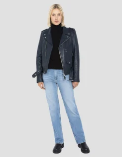 Blouson Perfecto® indigo avec ceinture, cuir d'agneau - INDIGO