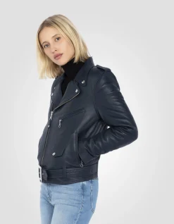 Blouson Perfecto® indigo avec ceinture, cuir d'agneau - INDIGO