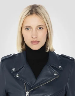 Blouson Perfecto® indigo avec ceinture, cuir d'agneau - INDIGO