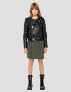 Blouson Perfecto® noir avec ceinture, cuir d'agneau - NOIR