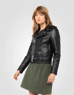 Blouson Perfecto® noir avec ceinture, cuir d'agneau - NOIR