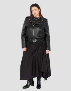 Blouson Perfecto® noir avec ceinture, cuir d'agneau, grande taille - NOIR
