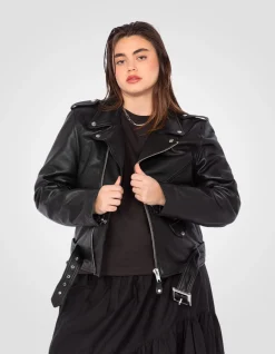Blouson Perfecto® noir avec ceinture, cuir d'agneau, grande taille - NOIR