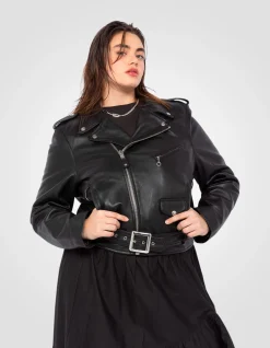 Blouson Perfecto® noir avec ceinture, cuir d'agneau, grande taille - NOIR