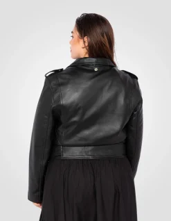 Blouson Perfecto® noir avec ceinture, cuir d'agneau, grande taille - NOIR