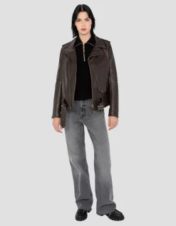 Blouson Perfecto® One Star marron foncé avec ceinture, cuir de vachette - MARRON FONCÉ