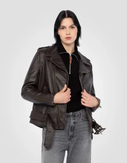 Blouson Perfecto® One Star marron foncé avec ceinture, cuir de vachette - MARRON FONCÉ