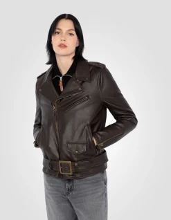 Blouson Perfecto® One Star marron foncé avec ceinture, cuir de vachette - MARRON FONCÉ