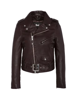 Blouson Perfecto® prune avec ceinture, cuir d'agneau - PRUNE