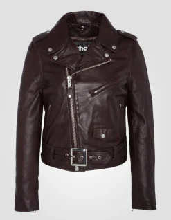 Blouson Perfecto® prune avec ceinture, cuir d'agneau, grande taille - PRUNE