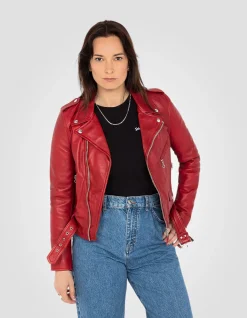 Blouson Perfecto® rouge avec ceinture, cuir d'agneau - ROUGE