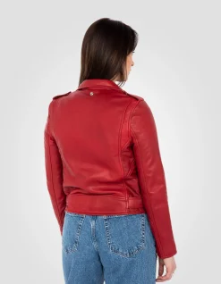 Blouson Perfecto® rouge avec ceinture, cuir d'agneau - ROUGE