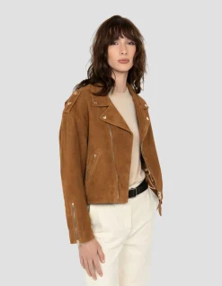 Blouson Perfecto 90's court caramel, chèvre velours - CARAMEL