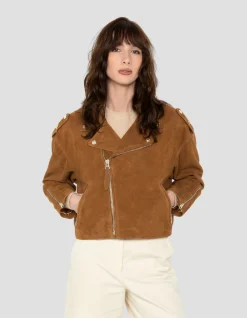Blouson Perfecto 90's court caramel, chèvre velours - CARAMEL