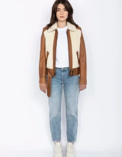 Blouson pilote bi-matière mythique USA, cuir de mouton - BLANC CASSÉ