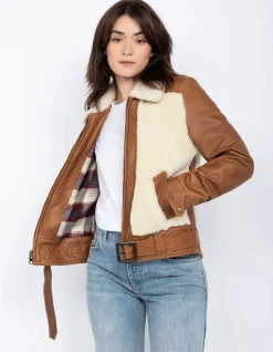 Blouson pilote bi-matière mythique USA, cuir de mouton - BLANC CASSÉ