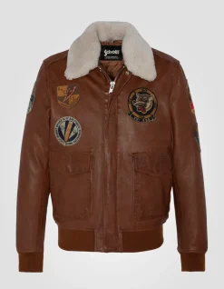 Blouson pilote cognac badgé, cuir d'agneau - COGNAC