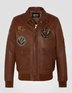 Blouson pilote cognac badgé, cuir d'agneau - COGNAC