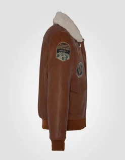 Blouson pilote cognac badgé, cuir d'agneau - COGNAC