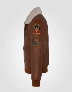 Blouson pilote cognac badgé, cuir d'agneau - COGNAC