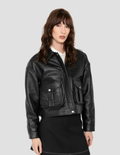 Blouson pilote court noir, cuir d'agneau - NOIR