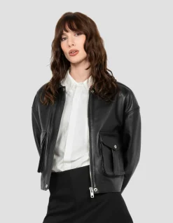 Blouson pilote court noir, cuir d'agneau - NOIR