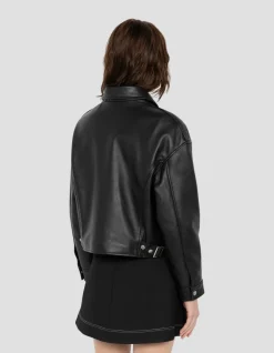 Blouson pilote court noir, cuir d'agneau - NOIR