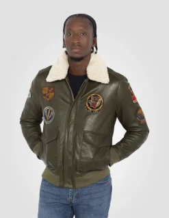 Blouson pilote kaki badgé, cuir d'agneau - KAKI