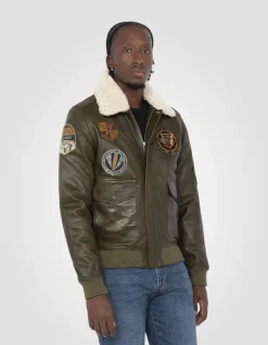 Blouson pilote kaki badgé, cuir d'agneau - KAKI