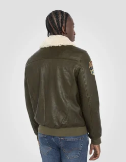 Blouson pilote kaki badgé, cuir d'agneau - KAKI