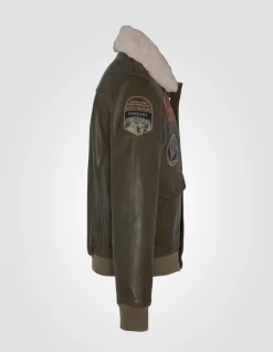 Blouson pilote kaki badgé, cuir d'agneau - KAKI
