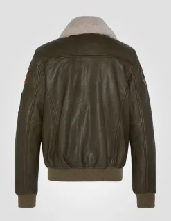 Blouson pilote kaki badgé, cuir d'agneau - KAKI