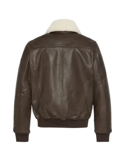 Blouson pilote marron avec col mouton amovible, cuir de vachette - MARRON