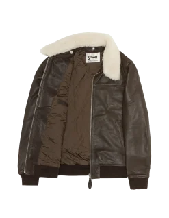 Blouson pilote marron avec col mouton amovible, cuir de vachette - MARRON
