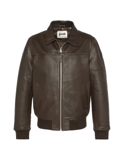 Blouson pilote marron avec col mouton amovible, cuir de vachette - MARRON